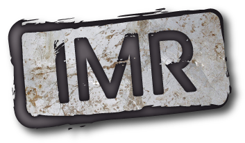 Le logo de l'IMR de Périgueux. 3 lettres : IMR sur une texture métallique partiellement rouillée