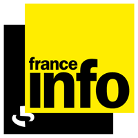 logotype de France Info. Un carré jaune sur un carré noir avec le texte 'france info en noir sur le carré jaune'